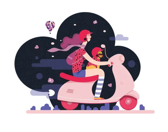 Niña y su mascota montando en scooter  Ilustración