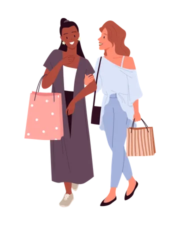 Chicas caminando con bolsas de compras.  Ilustración