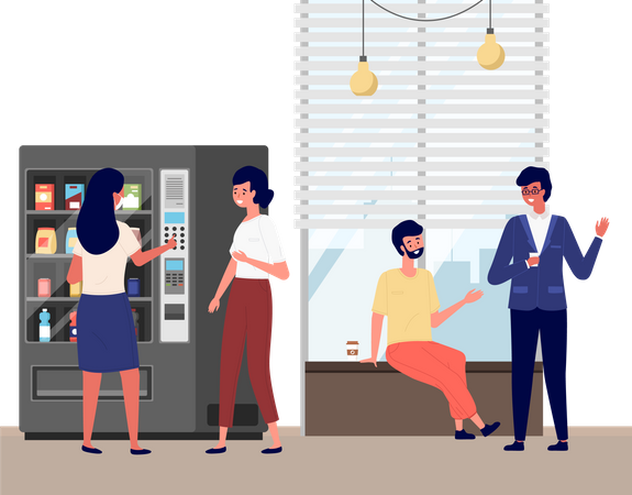 Niñas comprando comida en una máquina expendedora.  Ilustración