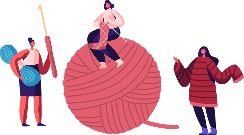 Chicas con agujas de tejer sentadas en un enorme ovillo  Ilustración