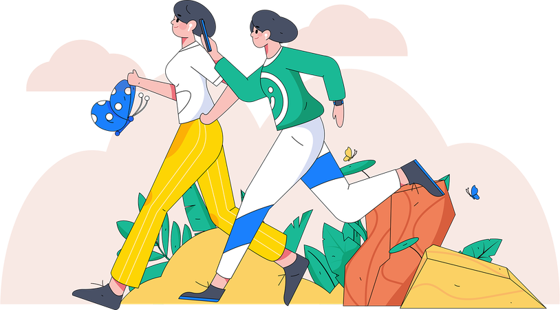 Niñas corriendo en el parque con mariposa  Ilustración