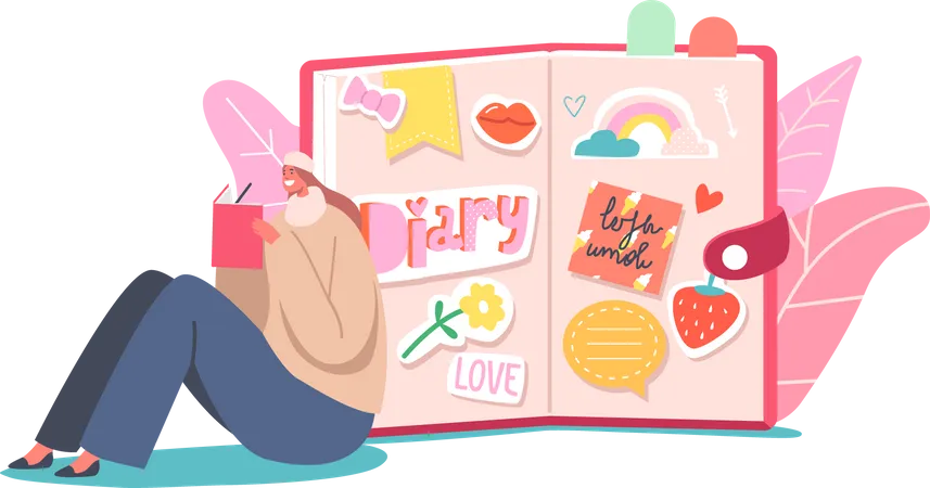 Pequenos Personajes Femeninos En Huge Pink Diary Ninas Escribiendo Memorias En Un Lindo Cuaderno Con Pegatinas Los Adolescentes Sentados En El Suelo El Sofa O El Escritorio Ponen Notas En Libretas Ilustracion De Vector De Personas De Dibujos Animados Ilustración