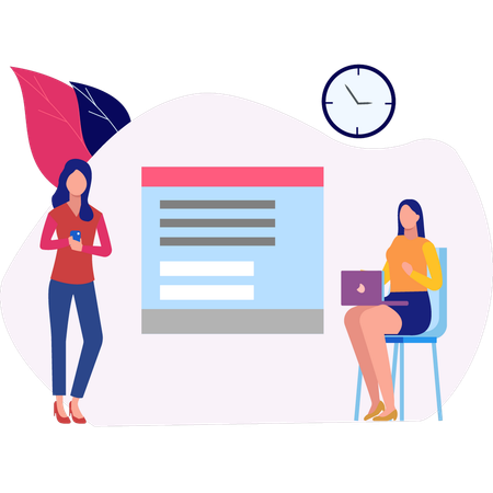 Chicas haciendo gráficos mirando usando una computadora portátil  Ilustración