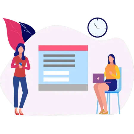 Chicas haciendo gráficos mirando usando una computadora portátil  Ilustración