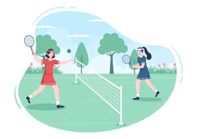 Niñas jugando tenis  Ilustración