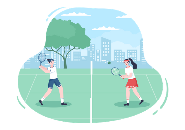 Las niñas jugando al tenis en el suelo  Ilustración