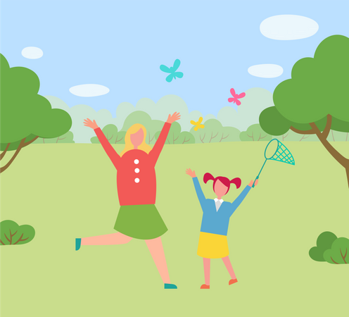 Niñas Niños saltando en la pradera atrapando mariposas  Ilustración