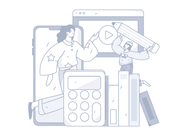 Niñas tomando clases de matemáticas en línea  Illustration