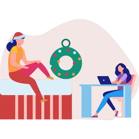 Chicas trabajando en adornos navideños.  Ilustración