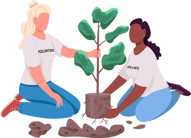 Chicas voluntarias cuidando la planta.  Ilustración