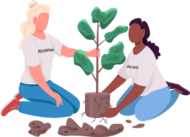 Chicas voluntarias cuidando la planta.  Ilustración