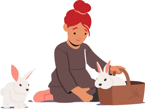 Niña con conejos esponjosos  Ilustración