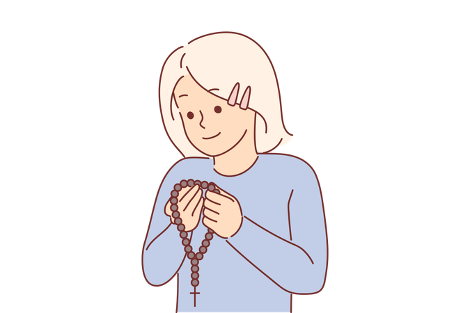 Niña cristiana sosteniendo rosario con cruz y rezando  Ilustración