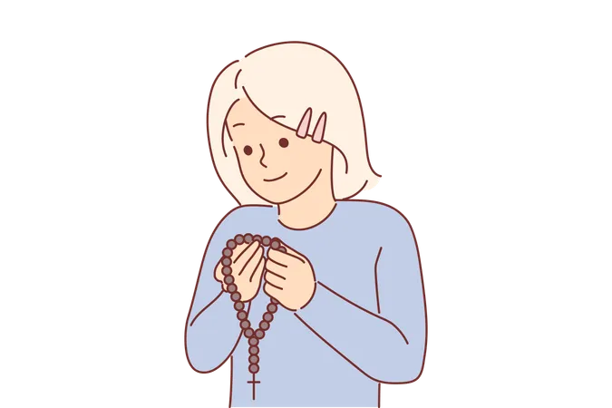 Niña cristiana sosteniendo rosario con cruz y rezando  Ilustración