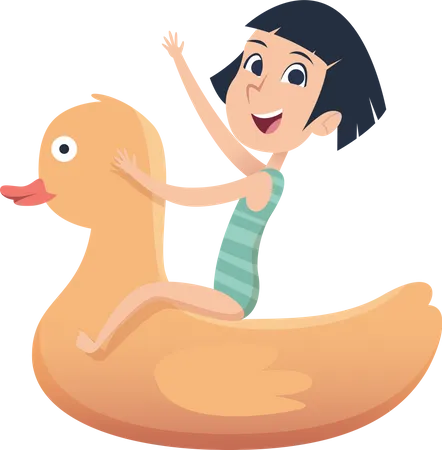 Niña flotando en un pato de goma  Ilustración