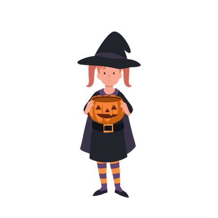 Niña linda en disfraces de halloween como bruja  Ilustración