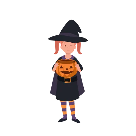 Niña linda en disfraces de halloween como bruja  Ilustración