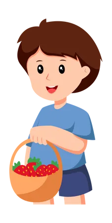 Niño con cesta de fresas  Ilustración