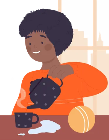 Niño negro con café caliente  Ilustración