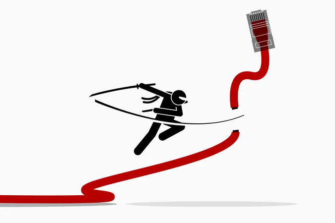 Ninja corta el cable de red LAN Ethernet  Ilustración