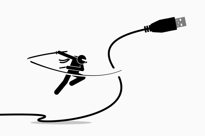 Ninja corta el enchufe del cable USB  Ilustración