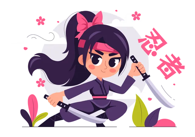 Ninja feminina com katana  Ilustração