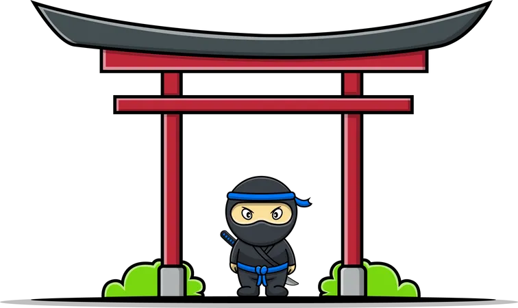 Ninja fofo com portão Torii japonês  Ilustração