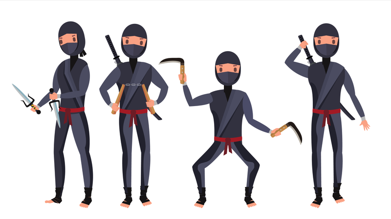 Ninja-Krieger im schwarzen Anzug zeigt verschiedene Aktionen mit Waffen  Illustration