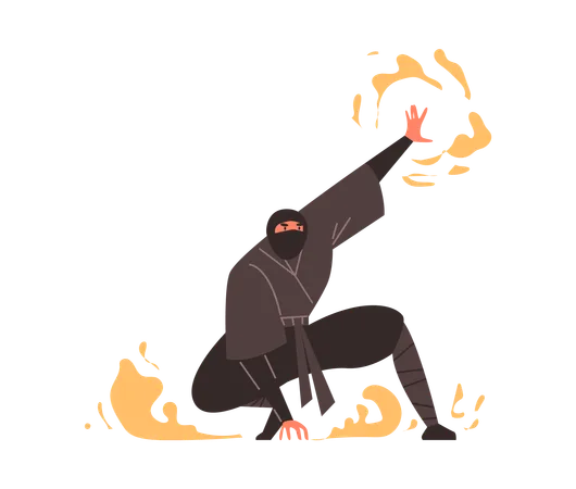 Guerrier ninja assis en position avec une flamme de feu  Illustration