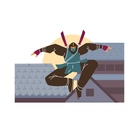 Ninja Man Warrior With Sword Jumping Attack  Illustration