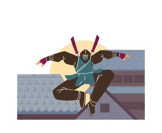 Ninja Man Warrior With Sword Jumping Attack  Illustration