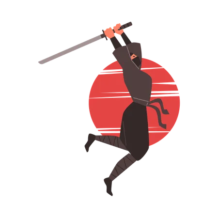 Ninja man warrior with sword jumping attack  Illustration