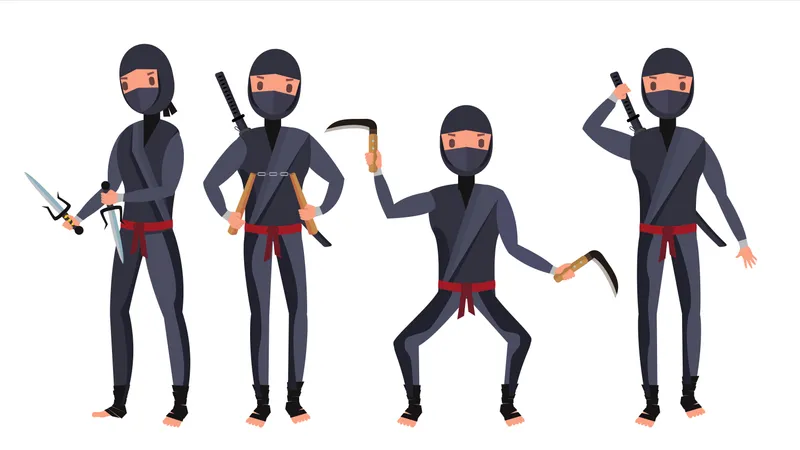 Ninja Warrior In Black Suit Showing Different Actions With Weapons Illustration