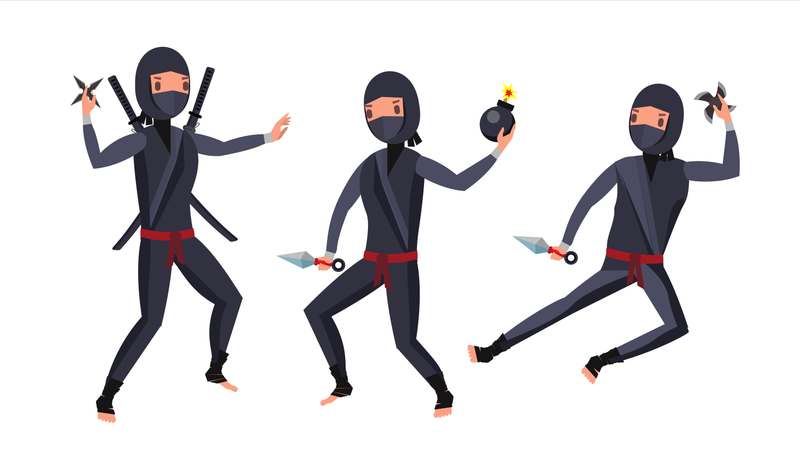 Ninja Warrior In Black Suit Showing Different Actions With Weapons  Illustration
