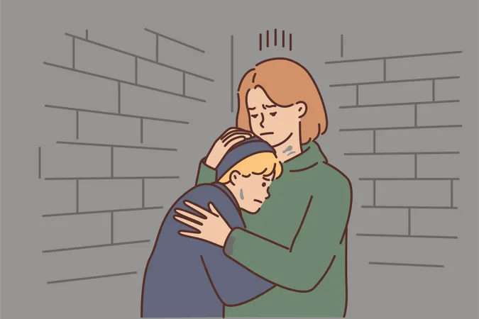 Niño abrazando a su mamá y llorando  Ilustración