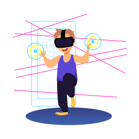 Niño absorto jugando con gafas y controladores de realidad virtual  Ilustración