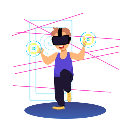 Niño absorto jugando con gafas y controladores de realidad virtual  Ilustración