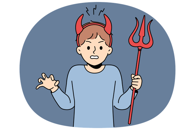Un niño matón con cuernos de diablo hace una mueca malvada y aterroriza a los profesores en la escuela.  Ilustração