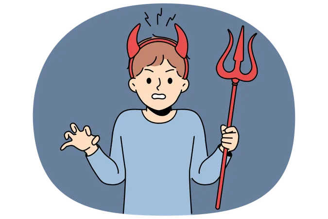 Un niño matón con cuernos de diablo hace una mueca malvada y aterroriza a los profesores en la escuela.  Ilustração