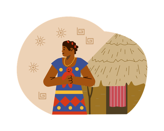 Niño africano con juguete en el fondo de una cabaña  Ilustración