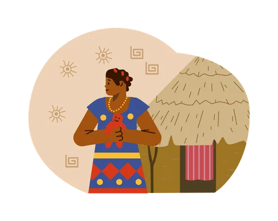 Niño africano con juguete en el fondo de una cabaña  Ilustración