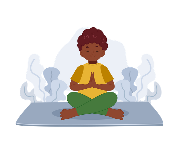 Niño africano meditando en postura de loto  Ilustración