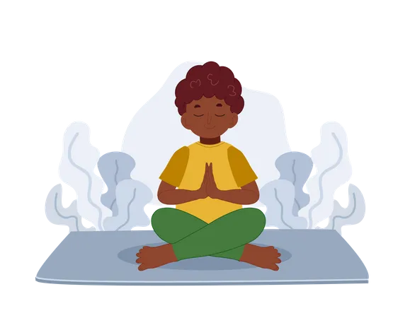 Niño africano meditando en postura de loto  Ilustración