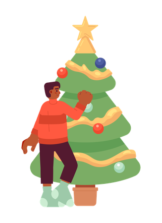 Niño afroamericano decorando el árbol de Navidad  Ilustración