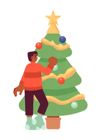 Niño afroamericano decorando el árbol de Navidad  Ilustración