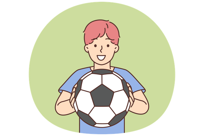 Niño alegre en edad escolar sosteniendo un balón de fútbol y sonriendo, se ofrece a jugar al fútbol.  Ilustración