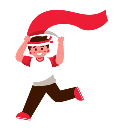 Niño alegre de Indonesia con bandera de Indonesia  Ilustración