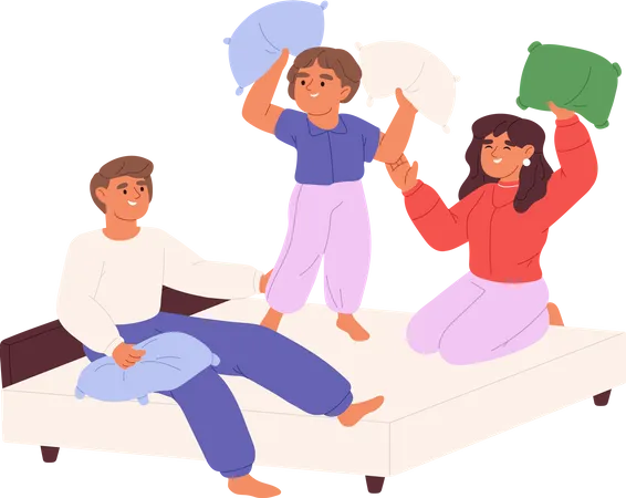 Un niño alegre pasa tiempo juntos peleando con almohadas  Ilustración