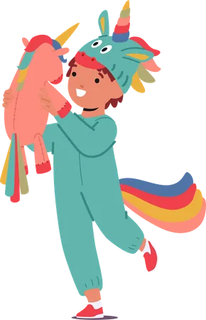 Niño alegre viste pijama Kigurumi de unicornio  Ilustración