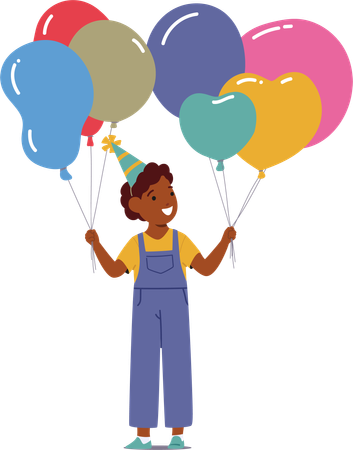 Niño sosteniendo alegremente globos de colores en su fiesta de cumpleaños  Ilustración
